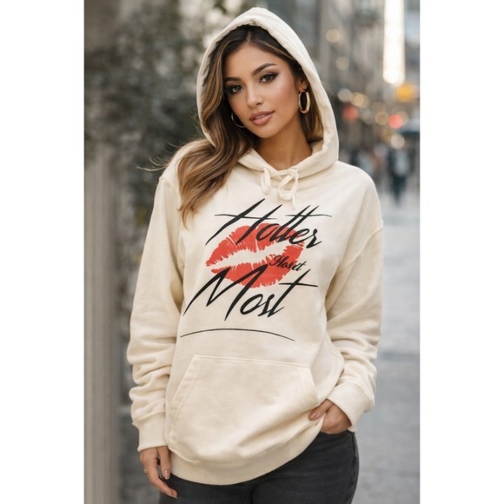 Hotter Than Most Hoodie Sweatshirt Cream Graphic Print Pullover Hooded large